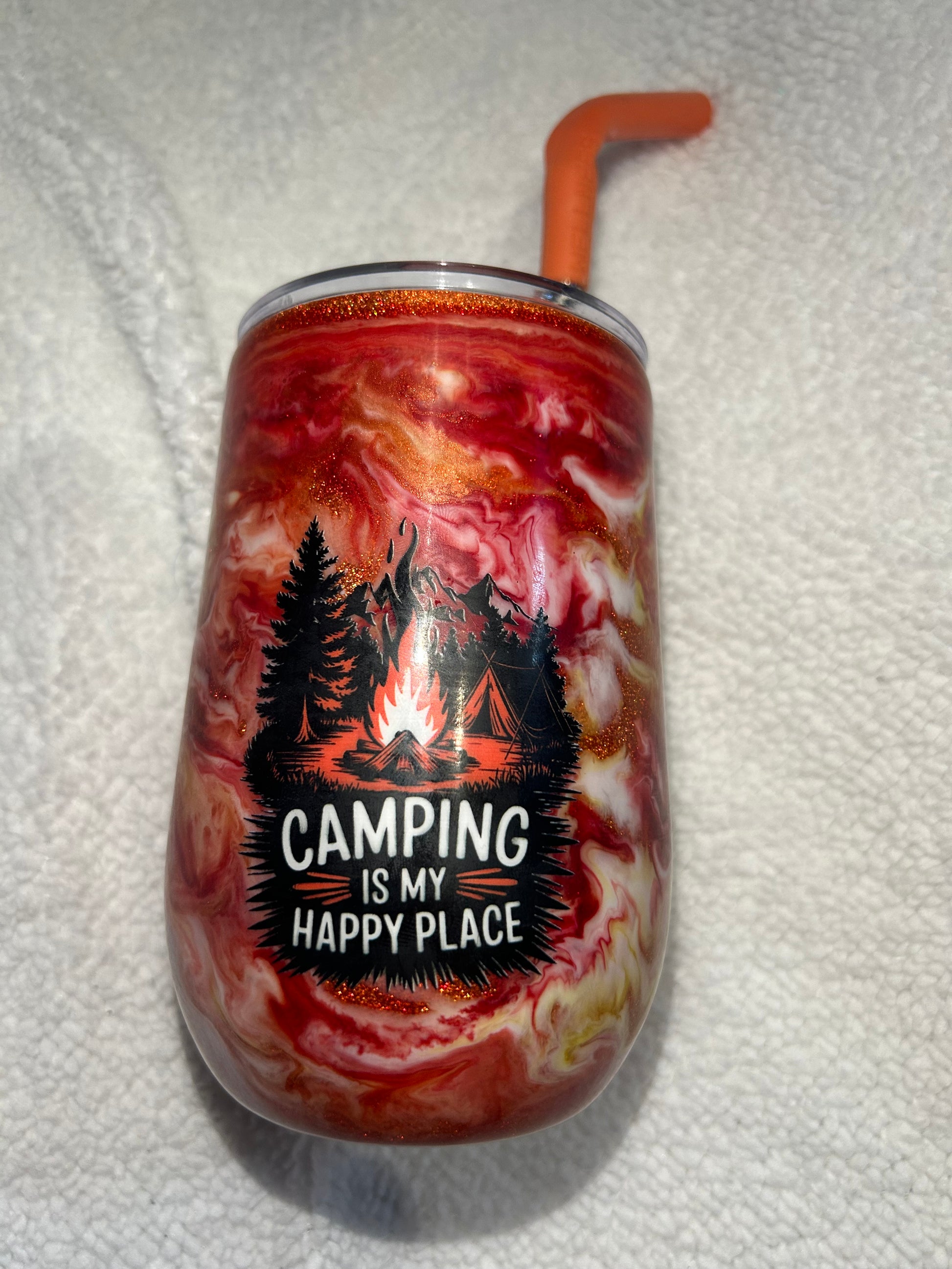 “Camp is my happy place” fire wine tumbler